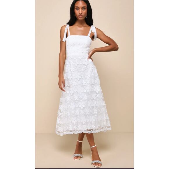 Lulus Striking Perfection White Embroidered Sequins Tie-Strap Midi Dress Size: L - Picture 12 of 14